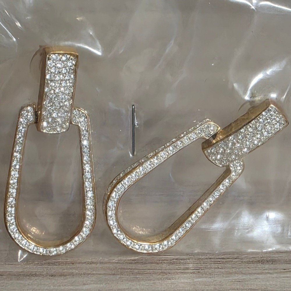 VTG 80s Gold Tone Pave Crystal Door Knocker Drop Earrings Dangle Post Back